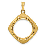 Load image into Gallery viewer, 14k Yellow Gold Prong Coin Bezel Holder for 17.8mm Coins or US $2.50 Dollar Liberty US $2.50 Dollar Indian Barber Dime Mercury Dime Diamond Shaped Beaded Pendant Charm
