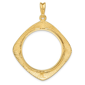 14k Yellow Gold Prong Coin Bezel Holder for 27mm Coins or 1/2 oz American Eagle or US $10 Dollar Liberty Indian or 1/2 oz Panda Diamond Shaped Beaded Pendant Charm