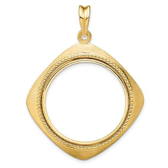 14k Yellow Gold Prong Coin Bezel Holder for 27mm Coins or 1/2 oz American Eagle or US $10 Dollar Liberty Indian or 1/2 oz Panda Diamond Shaped Beaded Pendant Charm