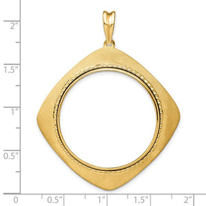 14k Yellow Gold Prong Coin Bezel Holder for 30mm Coins or 1/2 oz Maple Leaf or 1/2 oz Cat Diamond Shaped Beaded Pendant Charm