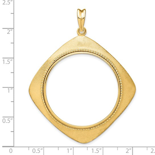 14k Yellow Gold Prong Coin Bezel Holder for 32.7mm Coins or 1 oz American Eagle or 1 oz Cat or 1 oz Krugerrand Diamond Shaped Beaded Pendant Charm