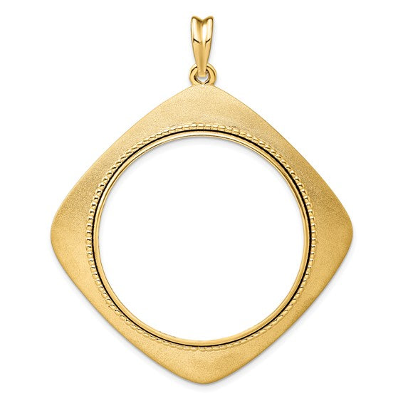 14k Yellow Gold Prong Coin Bezel Holder for 34.2mm Coins or $20 Dollar Liberty or US $20 Saint Gaudens Diamond Shaped Beaded Pendant Charm