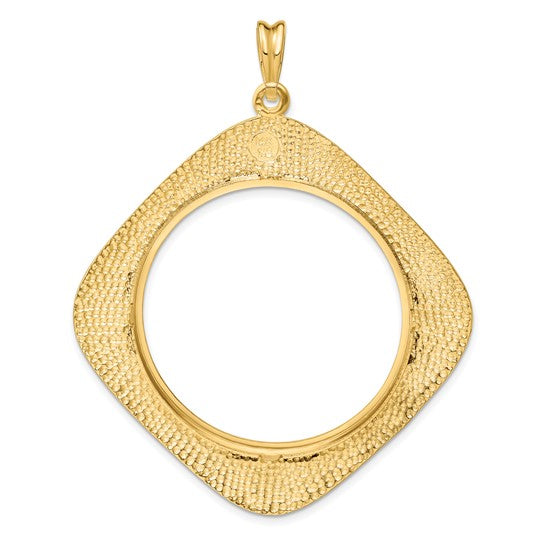 14k Yellow Gold Prong Coin Bezel Holder for 37mm Coins or Mexican 50 Pesos Diamond Shaped Beaded Pendant Charm