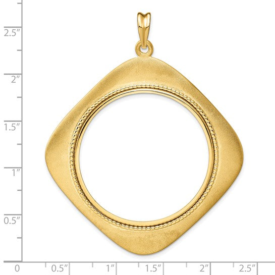 14k Yellow Gold Prong Coin Bezel Holder for 37mm Coins or Mexican 50 Pesos Diamond Shaped Beaded Pendant Charm