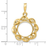 Indlæs billede til gallerivisning 14k Yellow Gold Fancy Ribbon Style Prong Coin Bezel Holder Pendant Charm for 13mm Coins United States US 1 Dollar Type 1 Mexican 2 Peso
