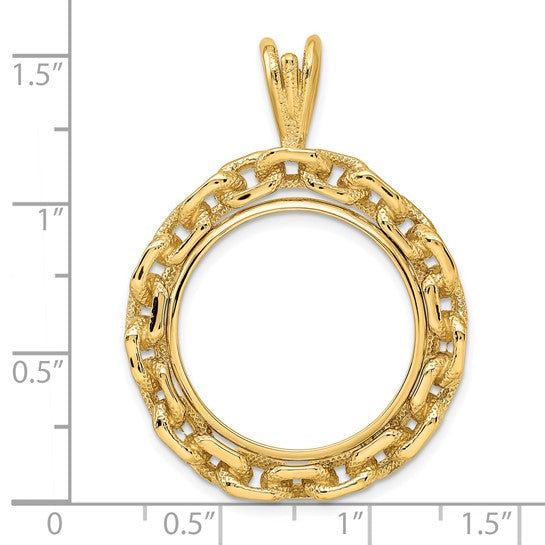 14k Yellow Gold Prong Coin Bezel Holder for 21.6mm Coins or US $5 Dollar Liberty Indian Statue of Liberty Bald Eagle Congressional Chain Border Design Pendant Charm