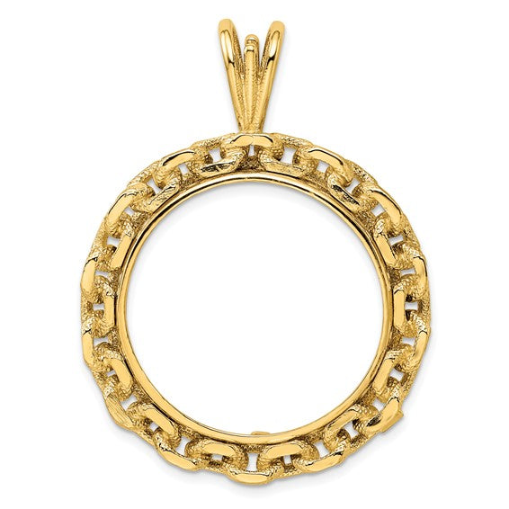 14k Yellow Gold Prong Coin Bezel Holder for 27mm Coins or 1/2 oz American Eagle or US $10 Dollar Liberty Indian or 1/2 oz Panda Chain Design Border Pendant Charm