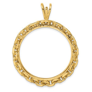 14k Yellow Gold Prong Coin Bezel Holder for 34.2mm Coins or $20 Dollar Liberty or US $20 Saint Gaudens Chain Design Border Pendant Charm