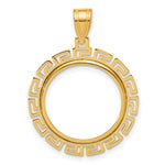 Indlæs billede til gallerivisning 14K Yellow Gold Textured Greek Key 1/10 oz American Eagle Krugerrand Coin Holder Bezel Pendant Charm Prong for 16.5 mm Coins
