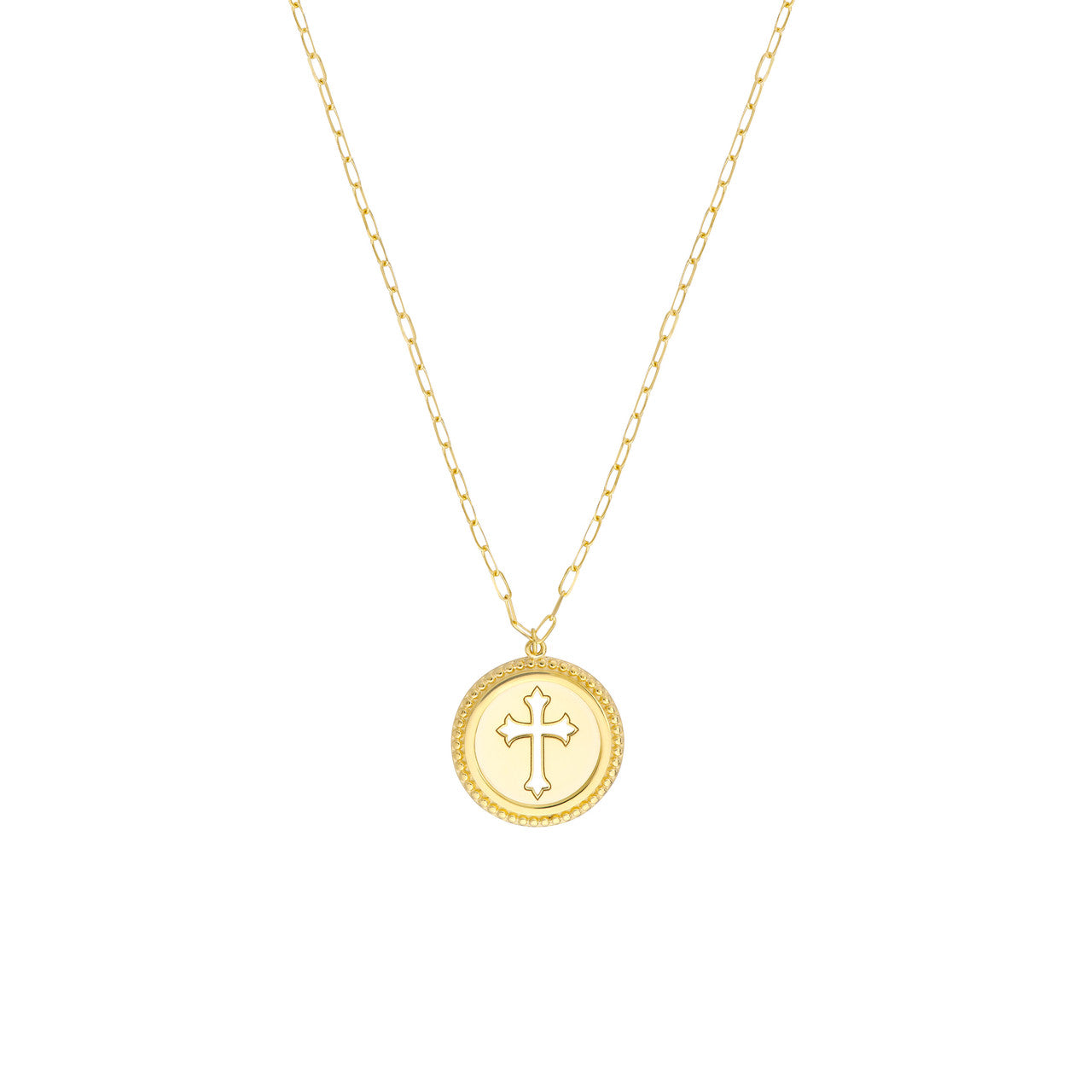 14k Yellow Gold Cutout Cross Round Medallion Pendant Charm Necklace