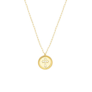 14k Yellow Gold Cutout Cross Round Medallion Pendant Charm Necklace