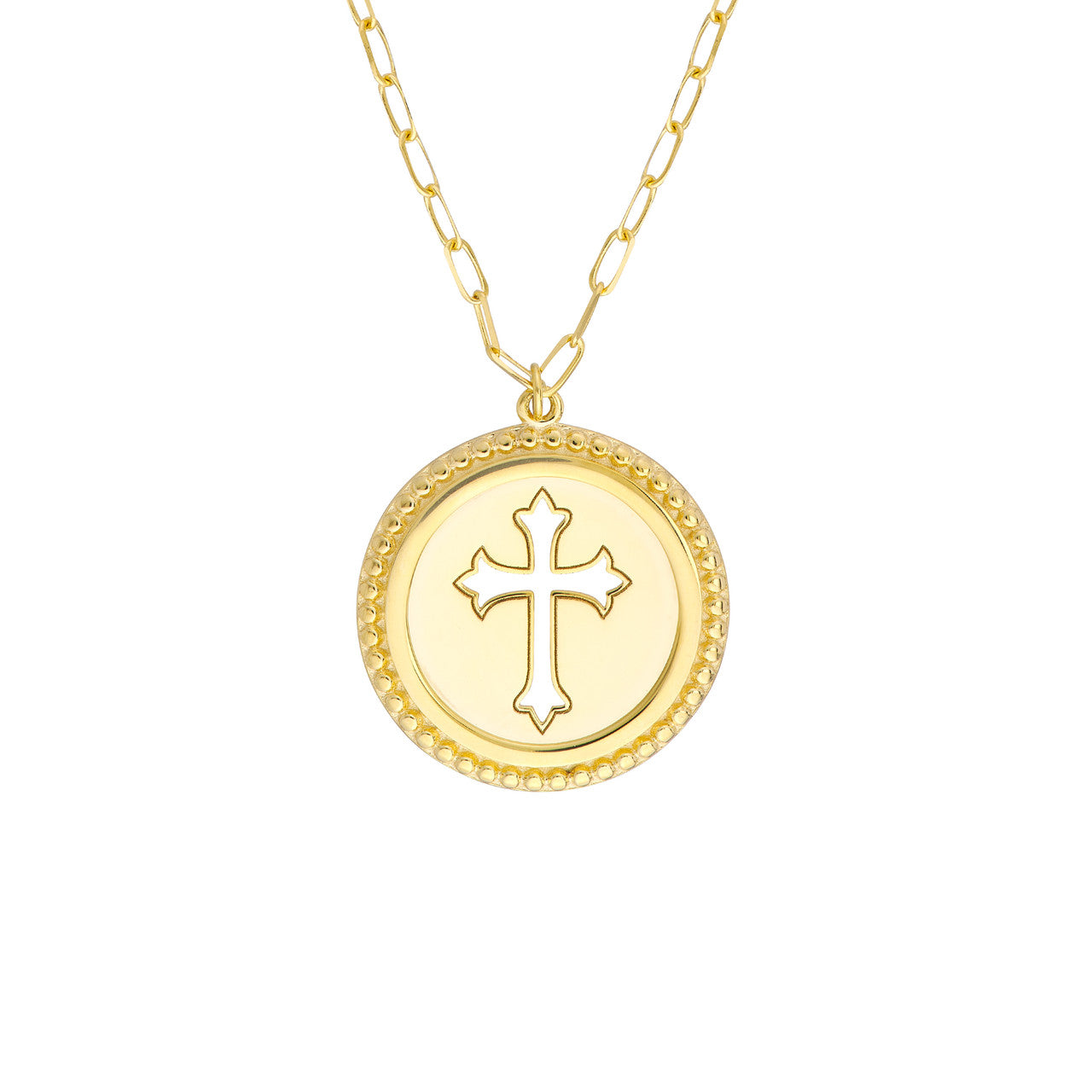 14k Yellow Gold Cutout Cross Round Medallion Pendant Charm Necklace