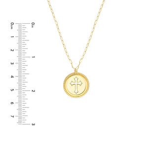 14k Yellow Gold Cutout Cross Round Medallion Pendant Charm Necklace