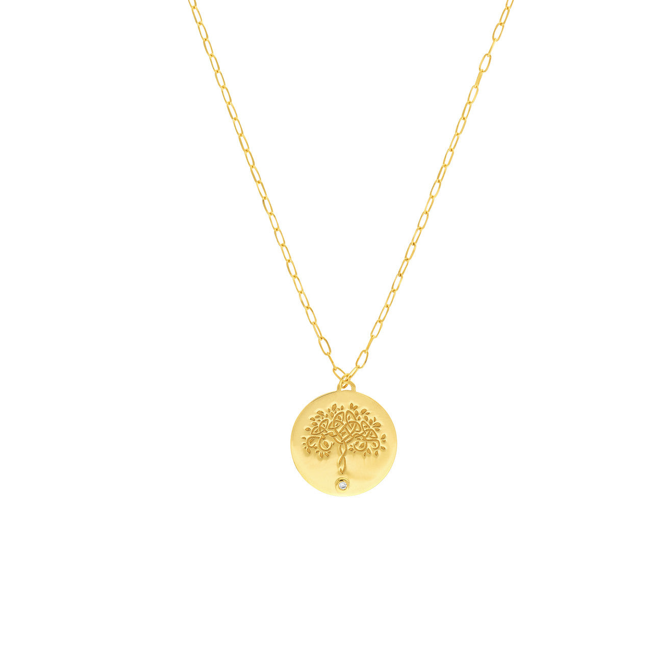 14k Yellow Gold Diamond Tree of Life Round Medallion Pendant Charm Necklace