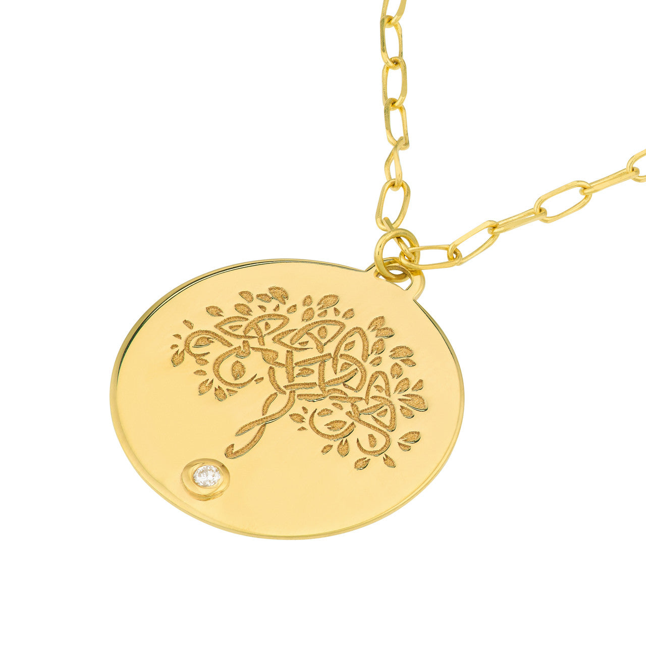 14k Yellow Gold Diamond Tree of Life Round Medallion Pendant Charm Necklace