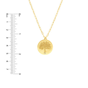 14k Yellow Gold Diamond Tree of Life Round Medallion Pendant Charm Necklace