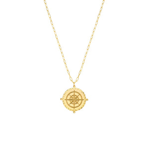 14k Yellow Gold Wind Rose Compass Round Medallion Pendant Charm Necklace