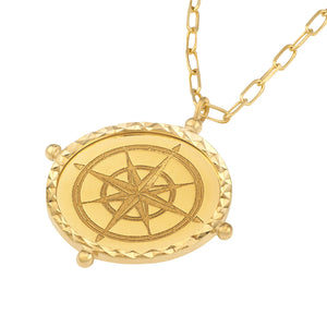 14k Yellow Gold Wind Rose Compass Round Medallion Pendant Charm Necklace