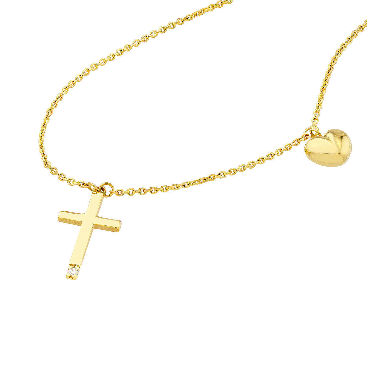 14k Yellow Gold Diamond Cross Heart Love Faith Pendant Charm Necklace