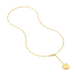 Load image into Gallery viewer, 14k Yellow Gold Puff Textured Heart Charm Lariat Y Paper Clip Link Necklace Chain
