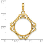 Lade das Bild in den Galerie-Viewer, 14k Yellow Gold Prong Coin Bezel Holder for 17.8mm Coins or US $2.50 Dollar Liberty US $2.50 Dollar Indian Barber Dime Mercury Dime Cushion Shape Scroll Design Pendant Charm
