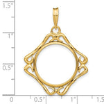 Indlæs billede til gallerivisning 14k Yellow Gold Prong Coin Bezel Holder for 17.8mm Coins or US $2.50 Dollar Liberty US $2.50 Dollar Indian Barber Dime Mercury Dime Cushion Shape Scroll Design Pendant Charm
