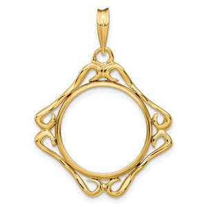 14k Yellow Gold Prong Coin Bezel Holder for 17.8mm Coins or US $2.50 Dollar Liberty US $2.50 Dollar Indian Barber Dime Mercury Dime Cushion Shape Scroll Design Pendant Charm