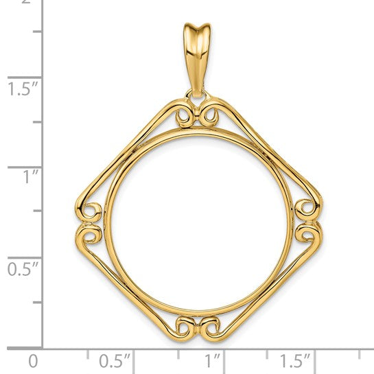 14k Yellow Gold Prong Coin Bezel Holder for 27mm Coins or 1/2 oz American Eagle or US $10 Dollar Liberty or US $10 Indian or 1/2 oz Panda Cushion Shape Scroll Design Pendant Charm