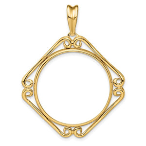 14k Yellow Gold Prong Coin Bezel Holder for 27mm Coins or 1/2 oz American Eagle or US $10 Dollar Liberty or US $10 Indian or 1/2 oz Panda Cushion Shape Scroll Design Pendant Charm