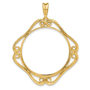 14k Yellow Gold Prong Coin Bezel Holder for 30mm Coins or 1/2 oz Maple Leaf or 1/2 oz Cat Cushion Shaped Scroll Design Pendant Charm