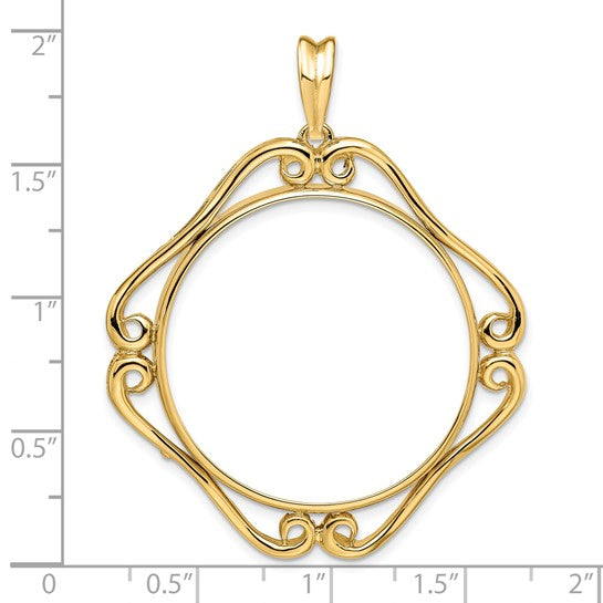 14k Yellow Gold Prong Coin Bezel Holder for 30mm Coins or 1/2 oz Maple Leaf or 1/2 oz Cat Cushion Shaped Scroll Design Pendant Charm