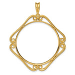 Afbeelding in Gallery-weergave laden, 14k Yellow Gold Prong Coin Bezel Holder for 34.2mm Coins or $20 Dollar Liberty or US $20 Saint Gaudens Cushion Shaped Scroll Design Pendant Charm
