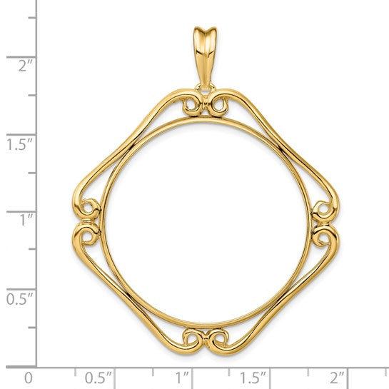 14k Yellow Gold Prong Coin Bezel Holder for 34.2mm Coins or $20 Dollar Liberty or US $20 Saint Gaudens Cushion Shaped Scroll Design Pendant Charm