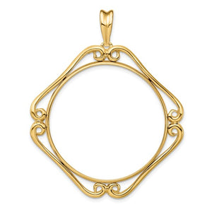 14k Yellow Gold Prong Coin Bezel Holder for 34.2mm Coins or $20 Dollar Liberty or US $20 Saint Gaudens Cushion Shaped Scroll Design Pendant Charm
