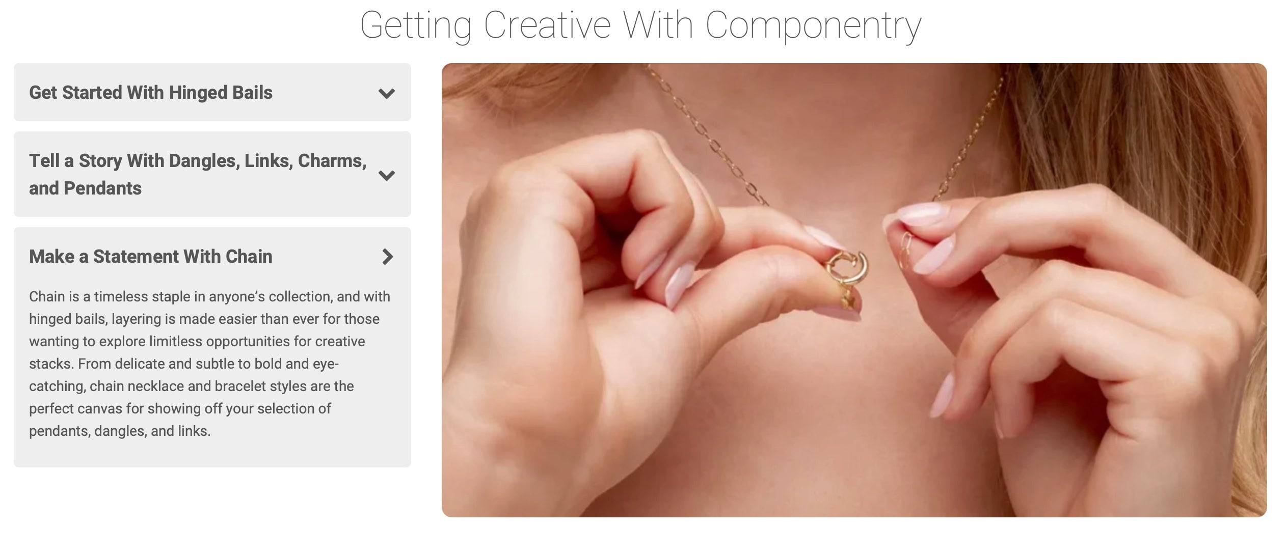 Close-up of hands attaching charm to chain using push lock connector