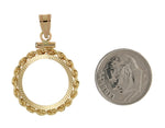 Φόρτωση εικόνας στο εργαλείο προβολής Συλλογής, 14K Yellow Gold 1/10 oz American Eagle 1/10 oz Krugerrand Coin Holder Holds 16.5mm Coins Rope Bezel Screw Top Pendant Charm
