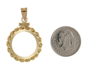 14K Yellow Gold 1/10 oz American Eagle 1/10 oz Krugerrand Coin Holder Holds 16.5mm Coins Rope Bezel Screw Top Pendant Charm