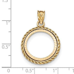 14K Yellow Gold 1/10 oz or One Tenth Ounce American Eagle Coin Holder Holds 16.5mm x 1.3mm Coin Bezel Rope Edge Diamond Cut Prong Pendant Charm