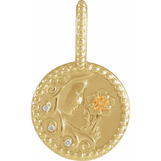 Platinum 14k Yellow Rose White Gold Sterling Silver Diamond and Orange Garnet Virgo Zodiac Horoscope Round Medallion Pendant Charm