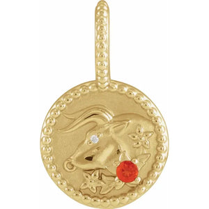 Platinum 14k Yellow Rose White Gold Sterling Silver Diamond and Fire Opal Taurus Zodiac Horoscope Round Medallion Pendant Charm