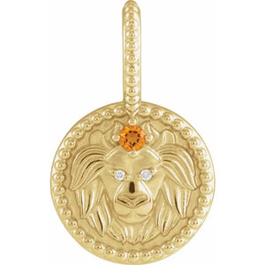 Platinum 14k Yellow Rose White Gold Sterling Silver Diamond and Citrine Leo Zodiac Horoscope Round Medallion Pendant Charm