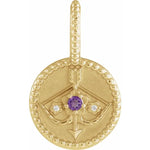將圖片載入圖庫檢視器 Platinum 14k Yellow Rose White Gold Sterling Silver Diamond and Amethyst Sagittarius Zodiac Horoscope Round Medallion Pendant Charm
