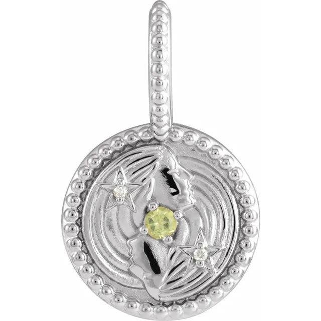 Platinum 14k Yellow Rose White Gold Sterling Silver Diamond and Peridot Gemini Zodiac Horoscope Round Medallion Pendant Charm