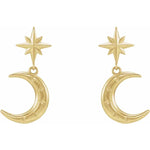 Загрузить изображение в средство просмотра галереи, Platinum 14k Yellow Rose White Gold Crescent Moon Star Dangle Drop Earrings
