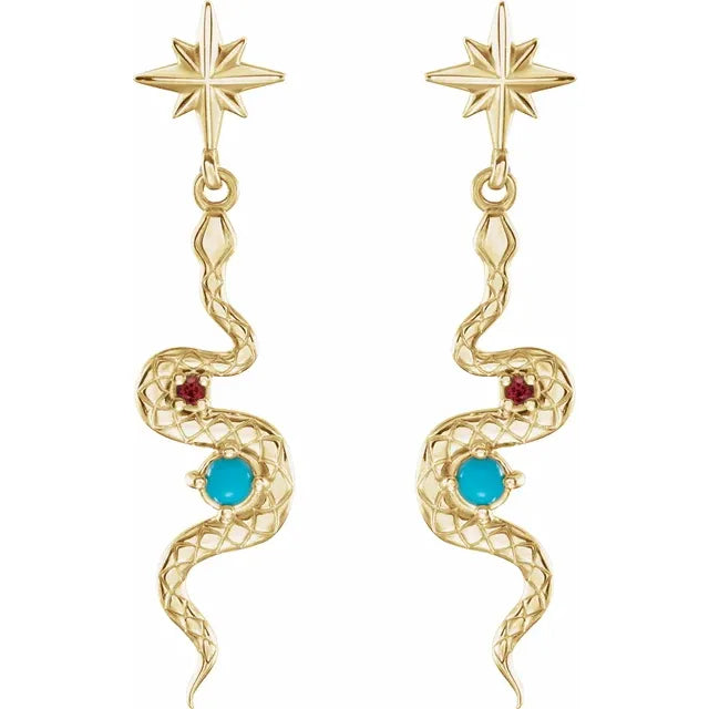 Platinum or 14k Yellow Rose White Gold Genuine Turquoise Ruby Starburst Snake Dangle Earrings