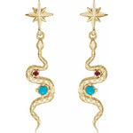 Carregar imagem no visualizador da galeria, Platinum or 14k Yellow Rose White Gold Genuine Turquoise Ruby Starburst Snake Dangle Earrings
