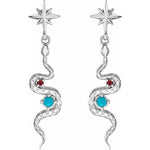 Charger l&#39;image dans la galerie, Platinum or 14k Yellow Rose White Gold Genuine Turquoise Ruby Starburst Snake Dangle Earrings
