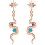 Carregar imagem no visualizador da galeria, Platinum or 14k Yellow Rose White Gold Genuine Turquoise Ruby Starburst Snake Dangle Earrings
