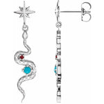 Load image into Gallery viewer, Platinum or 14k Yellow Rose White Gold Genuine Turquoise Ruby Starburst Snake Dangle Earrings
