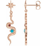 Cargar imagen en el visor de la galería, Platinum or 14k Yellow Rose White Gold Genuine Turquoise Ruby Starburst Snake Dangle Earrings
